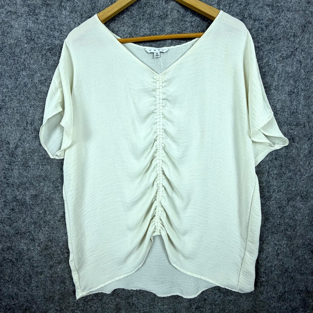 Cabi Blouse Top Womens Medium‎ White Ruched Front V-Neck Semi Sheer Office Chic